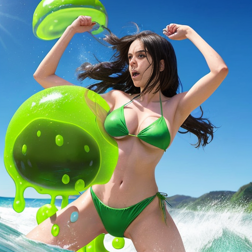 a 26 year old woman  in bikini, fighting with a giant slime blob