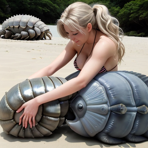 a 26 year old woman  in bikini, petting a giant isopod