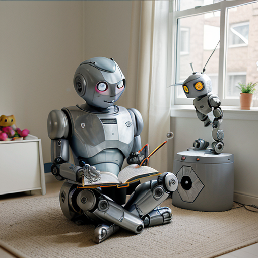 robot sitting i a children room doing homework